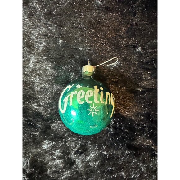 Vintage Green Glass Christmas Ornament With "Seasons Greetings" Print - Picture 2 of 3